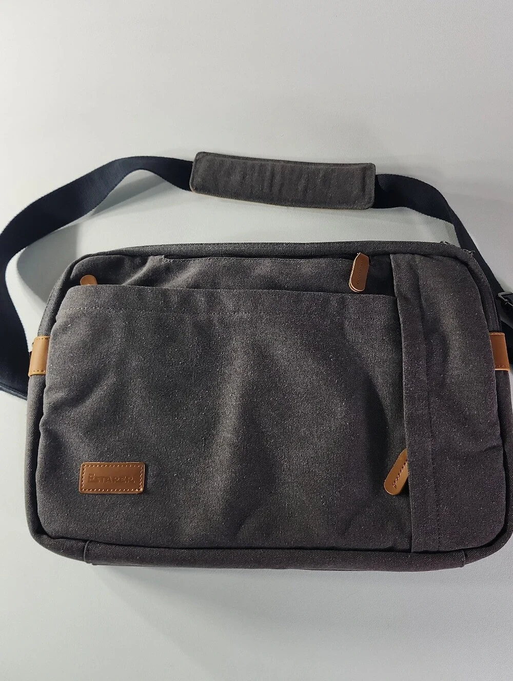 Sleek Gray Canvas Messenger Bag with Tan Accents & Hide Away Handles